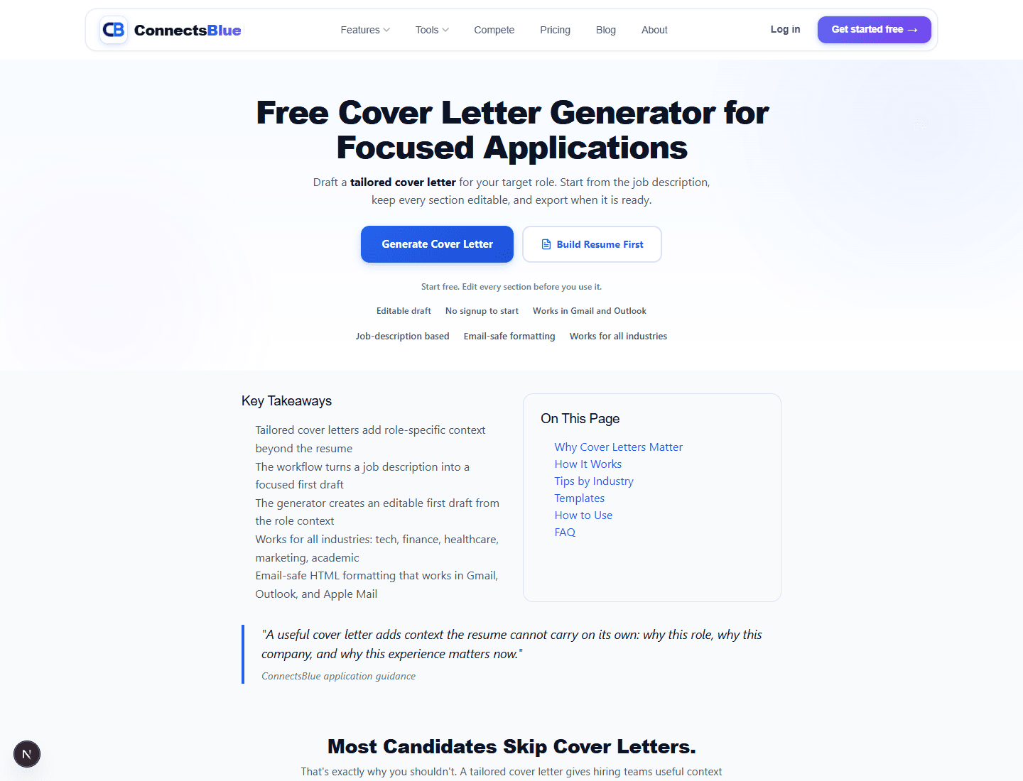 ConnectsBlue cover letter workspace showing a role-specific draft and editing controls