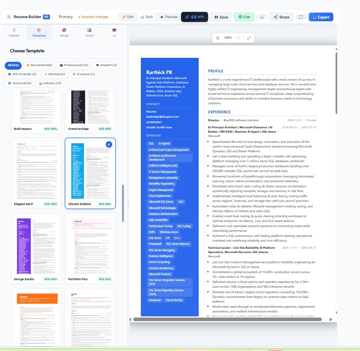 ConnectsBlue resume editor with ATS feedback and live preview